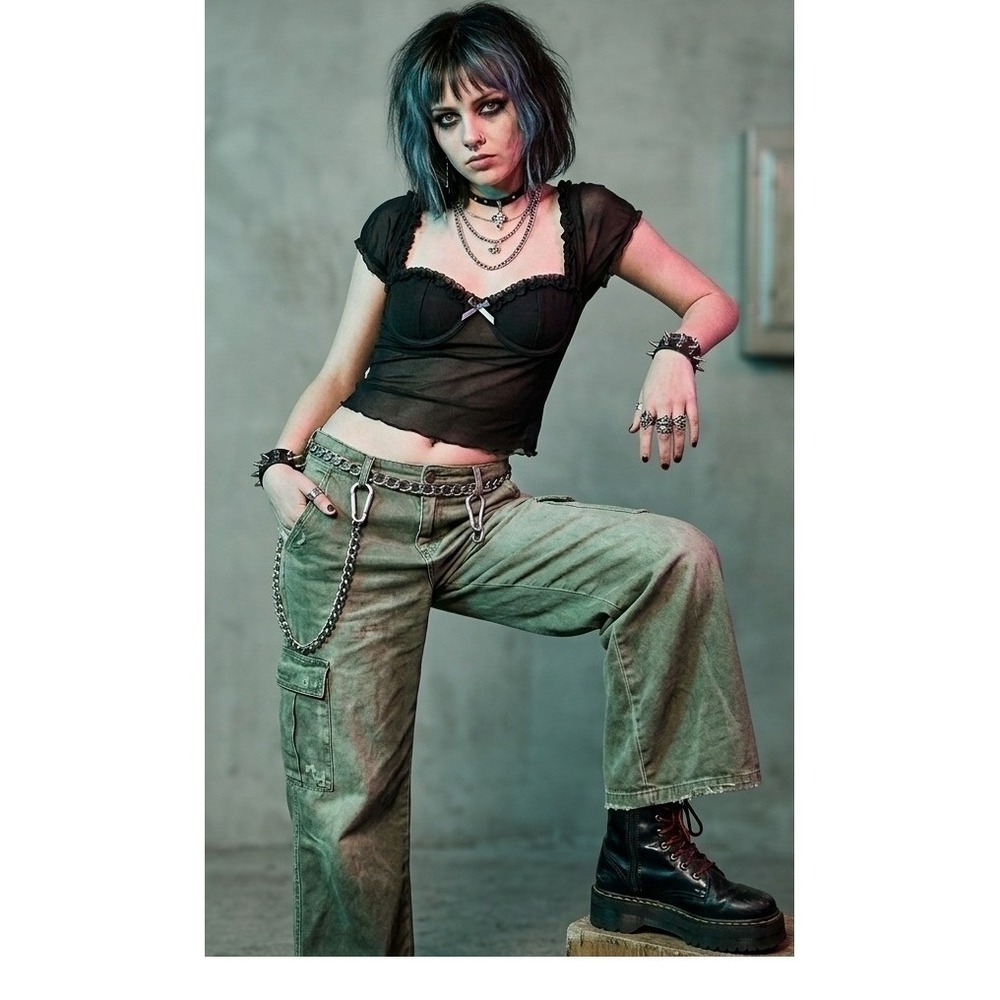 Black Mesh Corset Crop Top Womens Medium Y2K Grunge Goth Sheer Alt